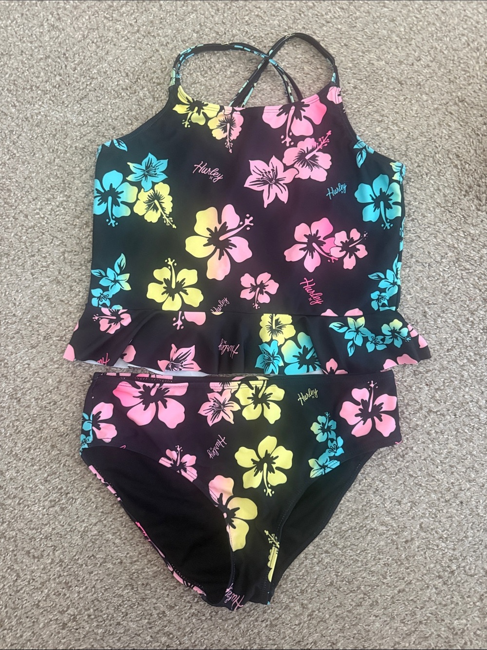 Hurley Kids Black Floral Ruffle Tankini with Pink, Yellow & Blue Flowers